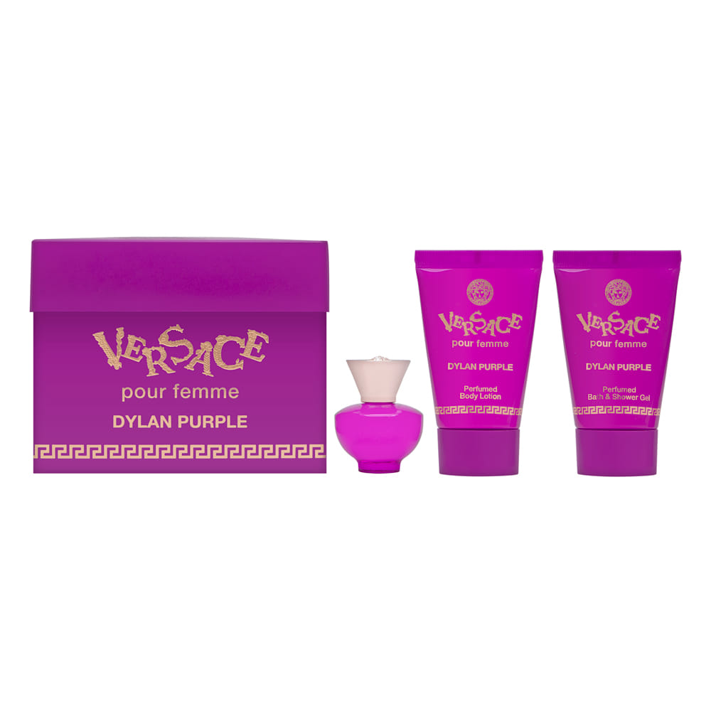Versace Dylan Purple for Women 3 Piece Mini Set 0.17 oz EDP, Shower Gel, Lotion